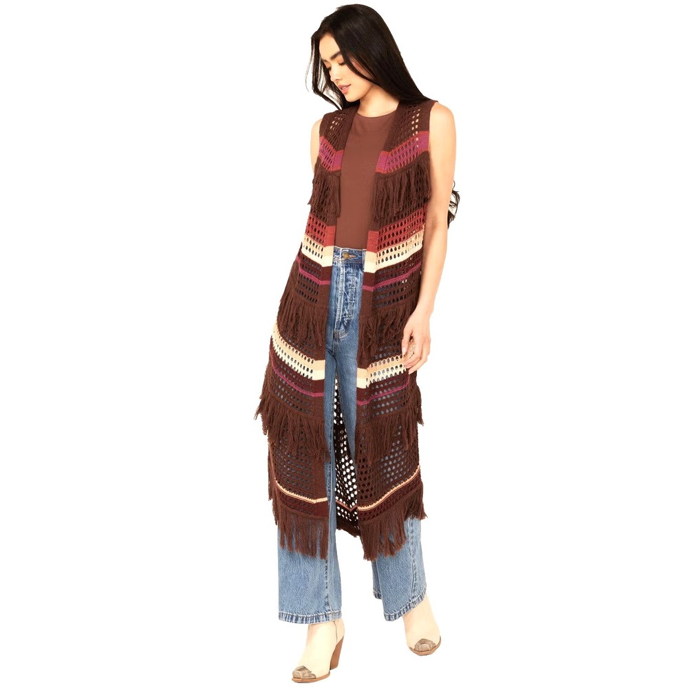 SHYANNE Women's Long Striped Crochet Fringe Sweater Vest XL Brown Cowgirl Boho